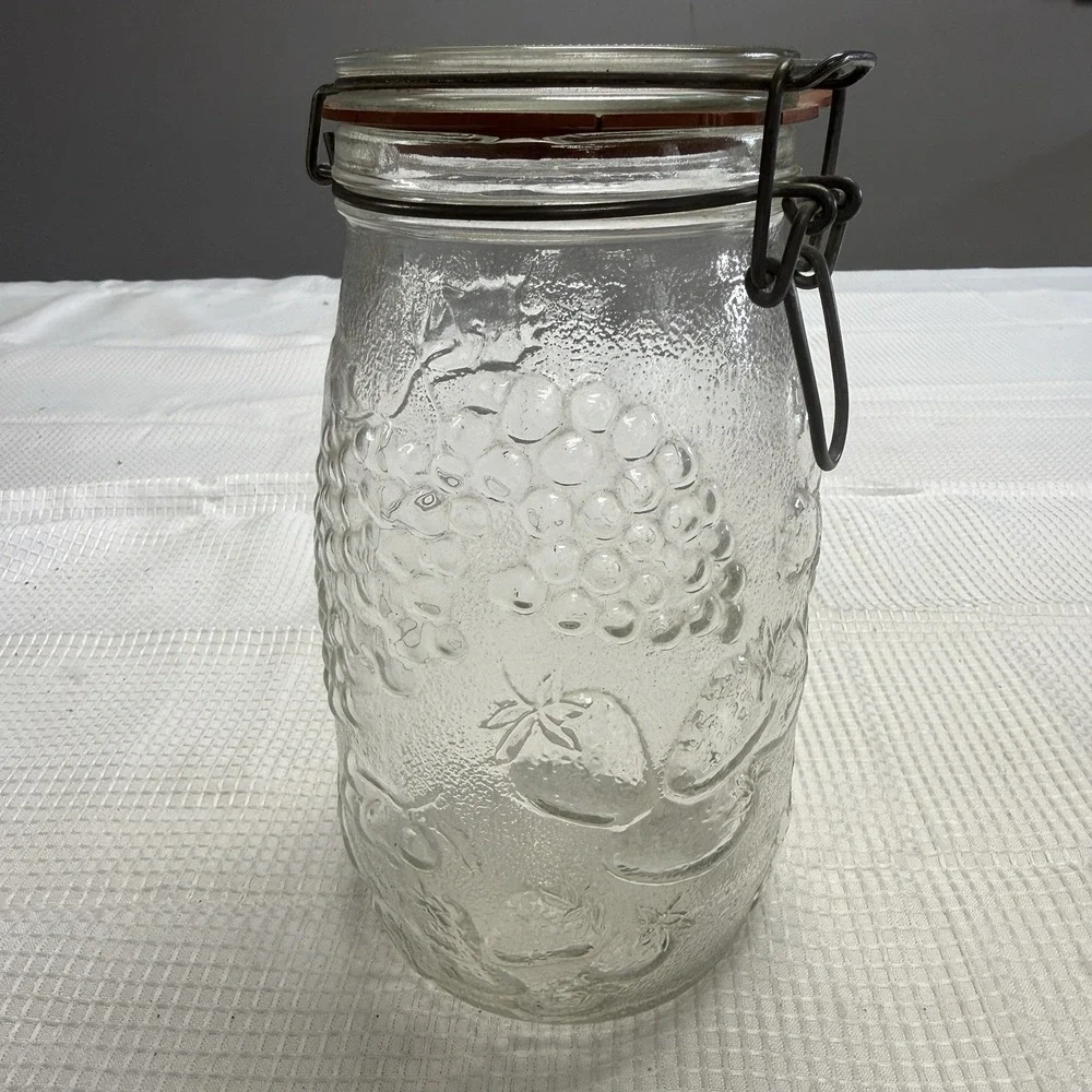 Vtg Raised Tall‎ Glass Sugar Canister Jar Metal Clamp Lid Fruit Decor 1.5L